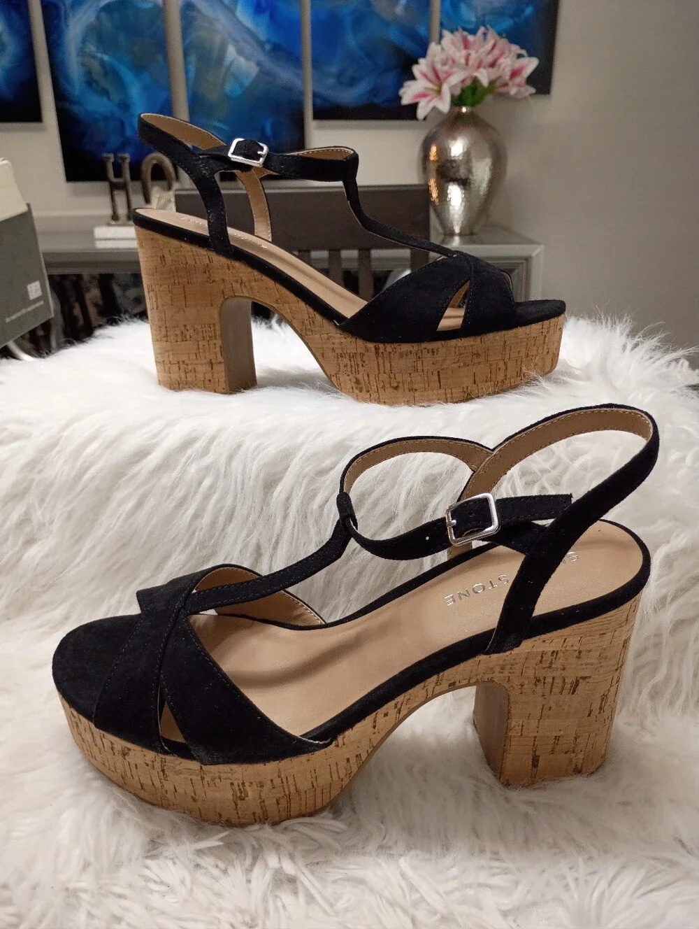 New Sun & Stone Julien Black Cork-Platform T-Strap Sandals - 10M